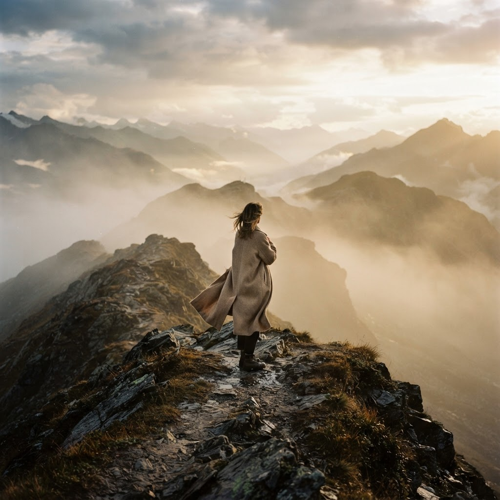 A lone figure in a beige coat on a misty mountain ridge at golden hour