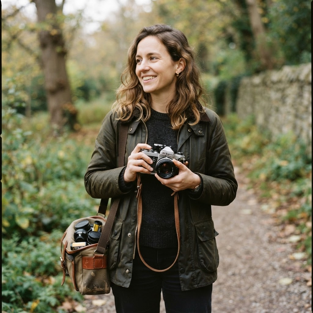 Mariana Olvera holding a vintage film camera outdoors